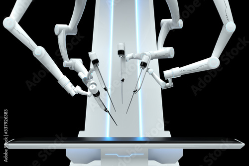 Robot surgeon, robotic equipment, manipulators isolated on a dark background. Technologies, future of medicine, surgery. 3D render, 3D illustration.