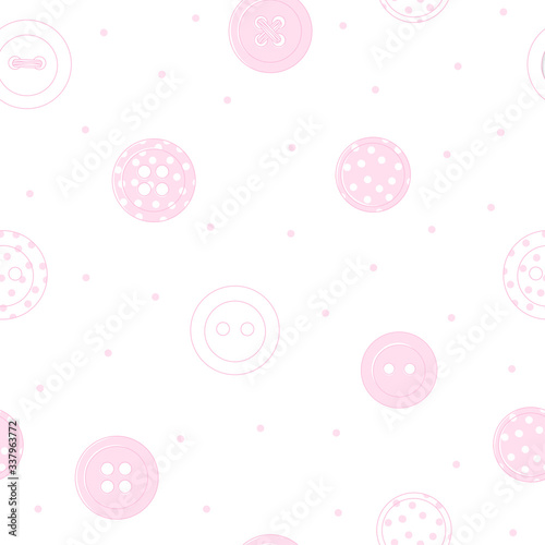 Seamless pattern with various pink clothing buttons on a white background.
