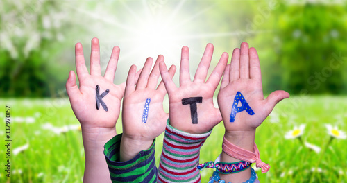 Children Hands Building Colorful German Word KITA Means Kindergarden. Sunny Green Grass Meadow As Background