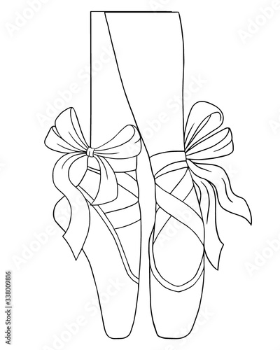 Black and white outline vector coloring book for adults. Legs of a ballerina in pointe shoes