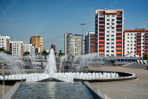 Ufa, a square with a fountain next to the monument to Salavat Yulaev