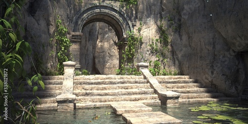 Ruins of the sacred temple with green vegetation. Beautiful natural wallpaper. 3D illustration.
