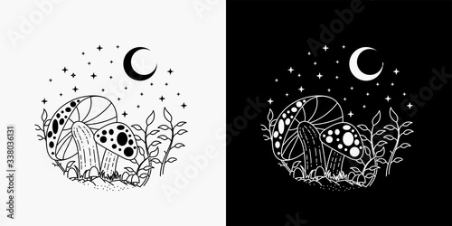 illustration of mushrooms with a view of the moon and stars, merging of mushroom and moon tattoos, monoline design 
