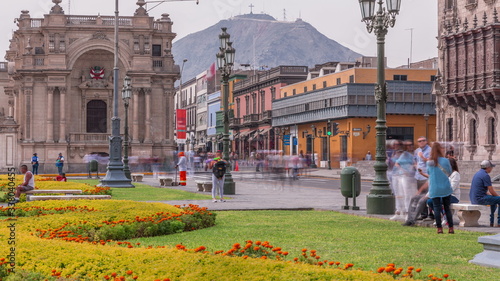 The Plaza de Armas with green lawn and flowers timelapse, also known as the Plaza Mayor