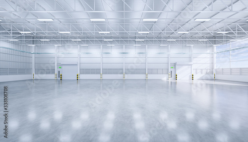 Hangar or industrial building. Protection with security door, roller door or roller shutter. Modern interior design with concrete floor, steel wall and empty space for industry background. 3d render.