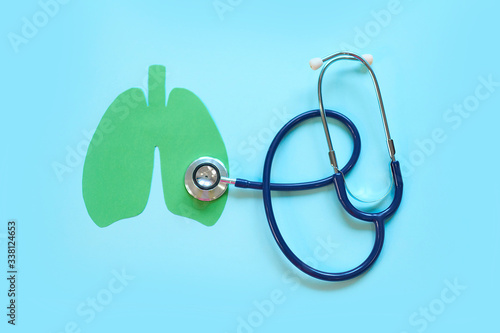 Lung health therapy medical concept . silhouette of the lungs and a stethoscope on a green background. concept of respiratory disease, pneumonia, tuberculosis, bronchitis, asthma, lung abscess