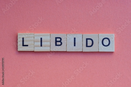 word libido from small gray wooden letters lies on a red background