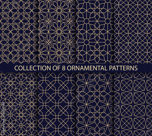 Collection of rich blue and gold oriental patterns. Backgrounds with Arabic ornaments in oriental style.