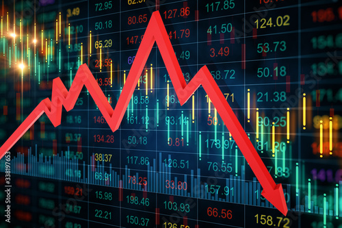 Creative crash recession chart with falling red arrow.