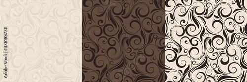 Vector set of three vintage seamless beige and brown floral patterns.