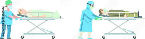 Nurse and a doctor in protective medical clothing and medical masks transport the patient on a gurney. Emergency medical care. Hospitalization of an infected patient. Flat infographic, vector