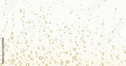 Soda bubbles, champagne, water or oxygen air fizz, carbonated drink or underwater abstract background. Dynamic motion, transparent aqua with randomly moving fizzing moisture drops, realistic 3d vector