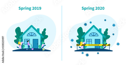 Design before and after the spread of the covid-19 virus. Spring 2019 and 2020. Quarantine in your home. Coronavirus pandemic and social distance. stay home. Vector.