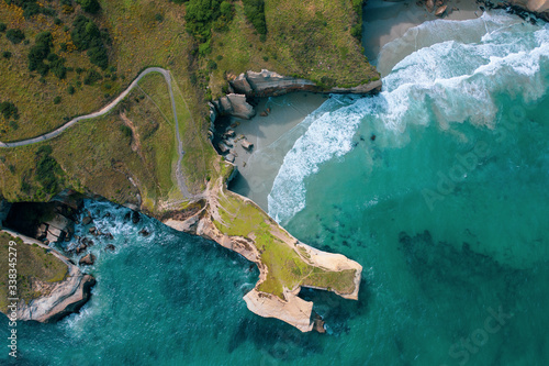 Tunnel Beach, Dunedin, New Zealand, aerial view