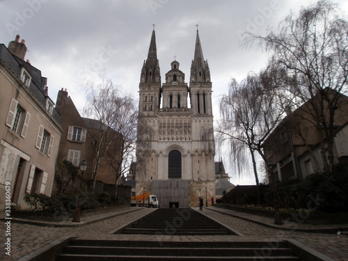 Angers, France - March 15th 2013 : View of the gothic cathedral Saint-Maurice of Angers from Montée Saint-Maurice. The edifice was built between the 12th and the 13th centuries. 