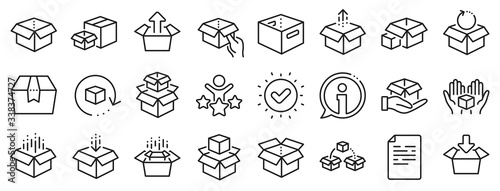 Package, delivery boxes, cargo box. Box line icons. Cargo distribution, export boxes, return parcel icons. Shipment of goods, purchase container, open package. Logistics goods. Vector