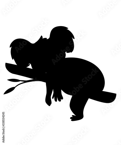 Black silhouette koala bear sleeping on wood branch cartoon animal design flat vector illustration isolated on white background