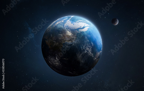 Earth planet in dark outer space on background. High resolution sci-fi wallpaper. Elements of this image furnished by NASA 
