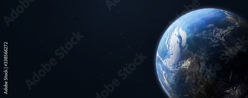 Earth planet in dark outer space on background. Wide high resolution sci-fi wallpaper. Elements of this image furnished by NASA