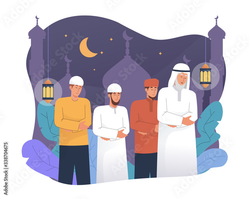 Muslim people perform tarawih prayer at night during ramadan