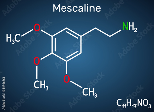 Mescaline molecule. It is hallucinogenic, psychedelic, phenethylamine alkaloid. Structural chemical formula on the dark blue background