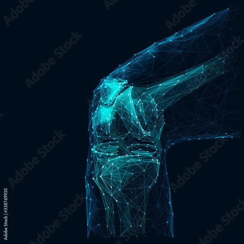 Human knee low poly wireframe vector illustration. Polygonal body part isolated on dark blue background. Bone joint 3d mesh art with connected dots. Futuristic medicine, orthopedic treatment concept