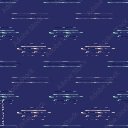 Abstract kilim style vector seamless pattern background. Grunge brush effect geometric indigo blue backdrop. Horizontal modern ikat linear design.Low contrast all over print for minimalist concept