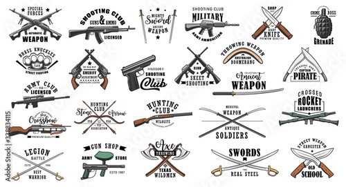 Guns and military weapon shop vector icons and symbols. Hunting ammunition rifles, crossbows and knives, saber and boomerang, brass knuckles, axe and grenade, shotgun and sword, machete or dagger