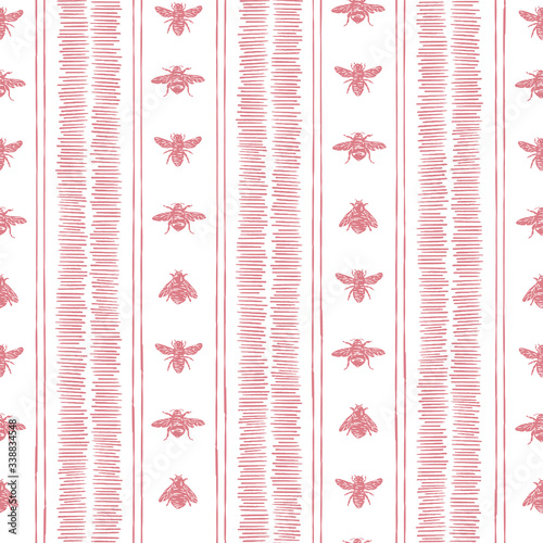 Vector country seamless pattern. Traditional Provence pattern. 70s folk striped design with hand drawn bees great for wallpaper, fabric, textile.