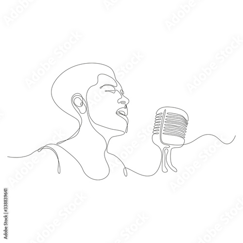 Primo piano del viso di cantante donna davanti a microfono. Illustrazione a singola linea continua su sfondo bianco