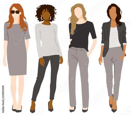 Flat Digital Illustration Vector People Adults Fashion Business People Office Attire - 4 businesswomen - simple faceless flat vector illustration