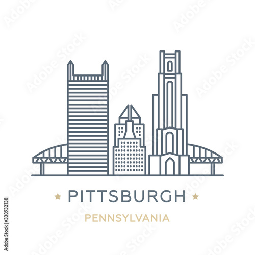 City Pittsburgh, state of Pennsylvania. Line icon of famous and largest city of USA. Outline icon for web, mobile and infographics. Landmarks and famous building. Vector illustration, white isolated. 