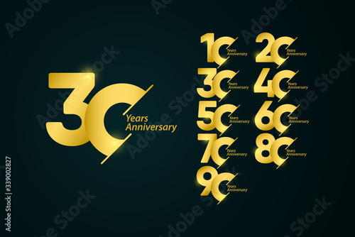 30 Years Anniversary Set Celebrations Gold Yellow Elegant Vector Template Design Illustration