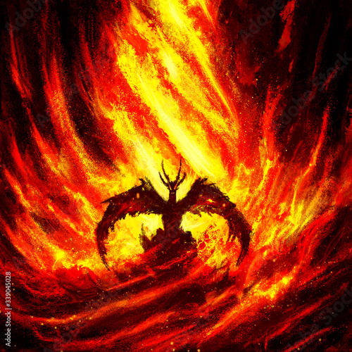 A fire dragon surrounded by a swirl of flame rising up behind him, a symmetrical composition, painted with imitation oil. 2D illustration.