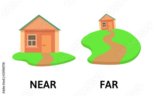 Words far and near opposites flashcard with cartoon house. Opposite adverbs explanation card. Flat vector illustration, isolated on white background.