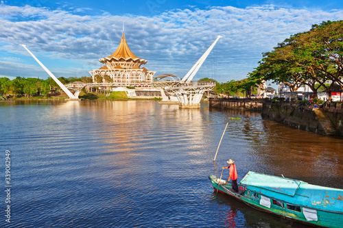 Scenic view of Kuching city waterfront, Sarawak river pedestrian bridge