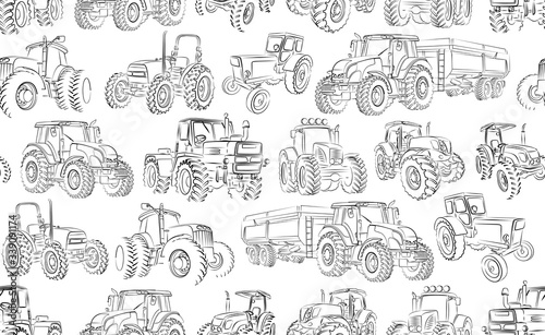 Seamless background with tractor sketches. 