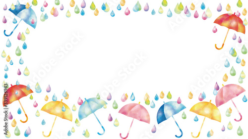 水彩風 カラフルな傘と雨のフレーム