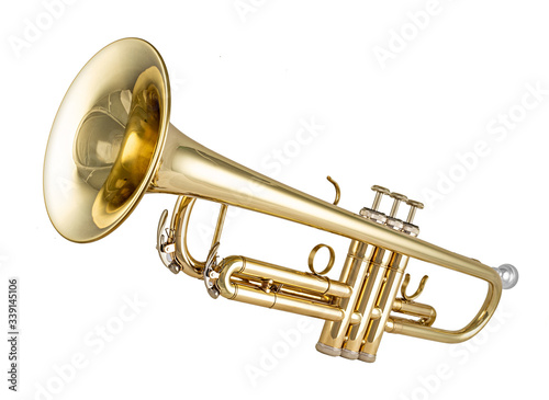 Golden shiny new metallic brass trumpet music instrument isolated white background. musical equipment entertainment orchestra band concept.