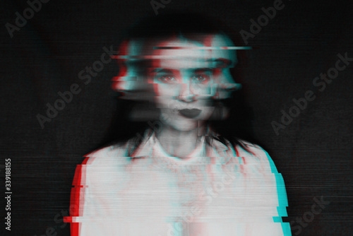 black and white blurred abstract portrait of a girl with mental disorders and schizophrenia with a glitch effect