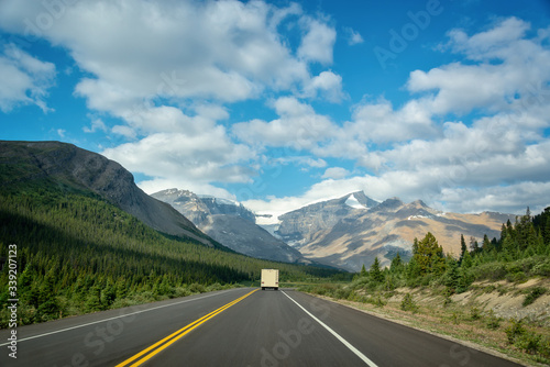 Driving on the Icefields Parkway between Banff and Jasper in the Canadian Rockies, Alberta, Canada