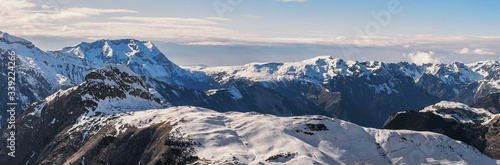 The grandiose and amazing panoramic view of freeze mountain range Alpes landscape scene from the highest nature peak panorama viewpoint. French Alps