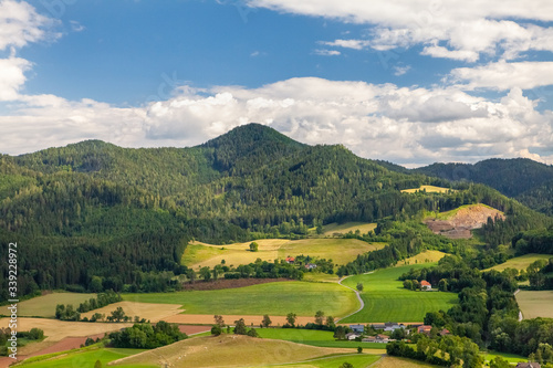 the Austrian landscape from the top of the fields with the mountains