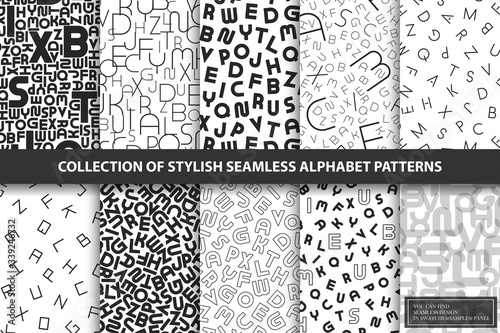 Collection of vector seamless alphabet patterns. Stylish white backgrounds with black latin letters. Trendy textile monochrome textures