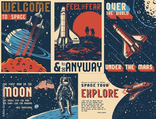 Space exploration vintage colorful posters