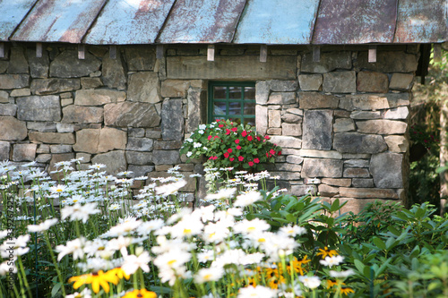 cottage with field of flowers