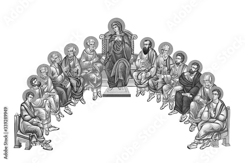 12 apostles and virgin Maria. Part of Pentecost icon in byzantine style sketch