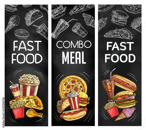 Fast food restaurant menu, vector sketch chalkboard banners. Fastfood combo meals menu burgers, pizza and hamburger sandwiches, Mexican burrito, taco and chicken wings, hot dog and popcorn