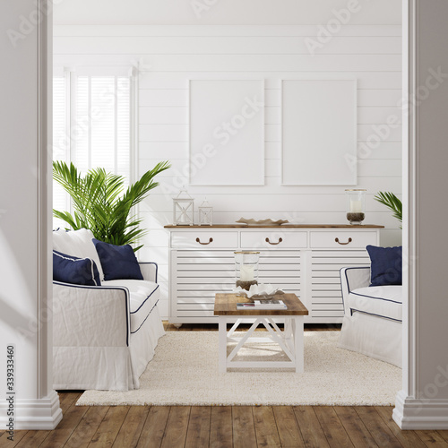 Hampton style living room interior with frame mockup, 3d render