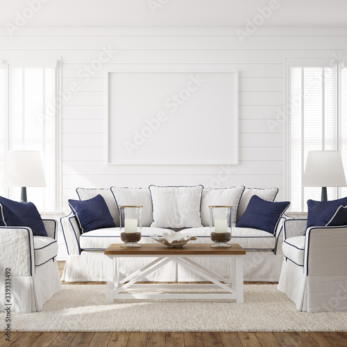 Hampton style living room interior with frame mockup, 3d render